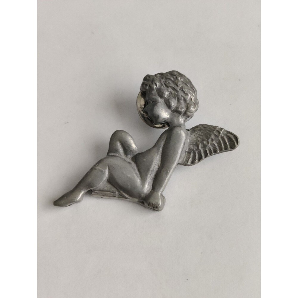 Angel Metal Brooch Lapel Tack Pin Signed LCD Lanada Sitting Angel Silver tone